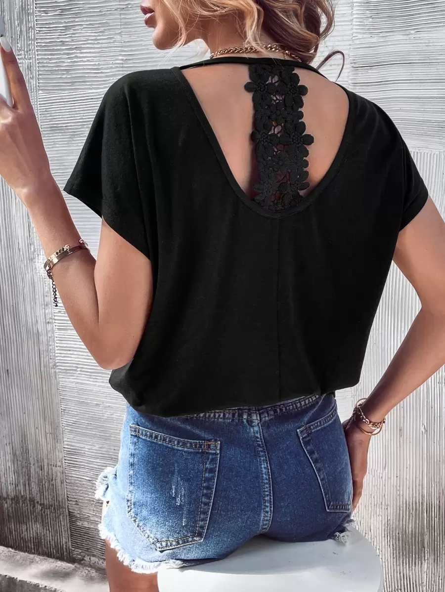 SHEIN LUNE Guipure Lace Insert Cut Out Back Dolman Sleeve Tee - Black - View 1