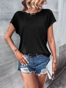 SHEIN LUNE Guipure Lace Insert Cut Out Back Dolman Sleeve Tee - Black - View 3