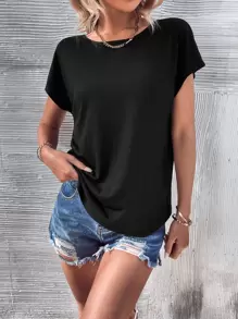 SHEIN LUNE Guipure Lace Insert Cut Out Back Dolman Sleeve Tee - Black - View 4