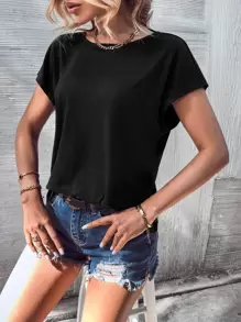 SHEIN LUNE Guipure Lace Insert Cut Out Back Dolman Sleeve Tee - Black - View 6