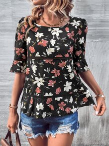 SHEIN LUNE Floral Print Lace Trim Flounce Sleeve Ruffle Hem Blouse - Black - View 1