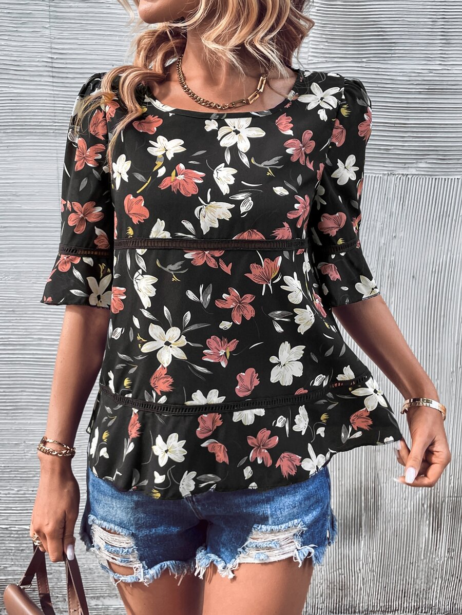SHEIN LUNE Floral Print Lace Trim Flounce Sleeve Ruffle Hem Blouse - Black - View 1