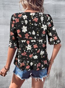 SHEIN LUNE Floral Print Lace Trim Flounce Sleeve Ruffle Hem Blouse - Black - View 2