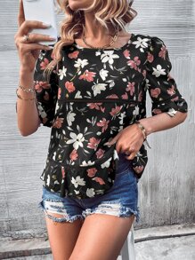 SHEIN LUNE Floral Print Lace Trim Flounce Sleeve Ruffle Hem Blouse - Black - View 4