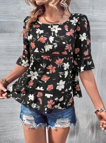SHEIN LUNE Floral Print Lace Trim Flounce Sleeve Ruffle Hem Blouse - Black - View 5