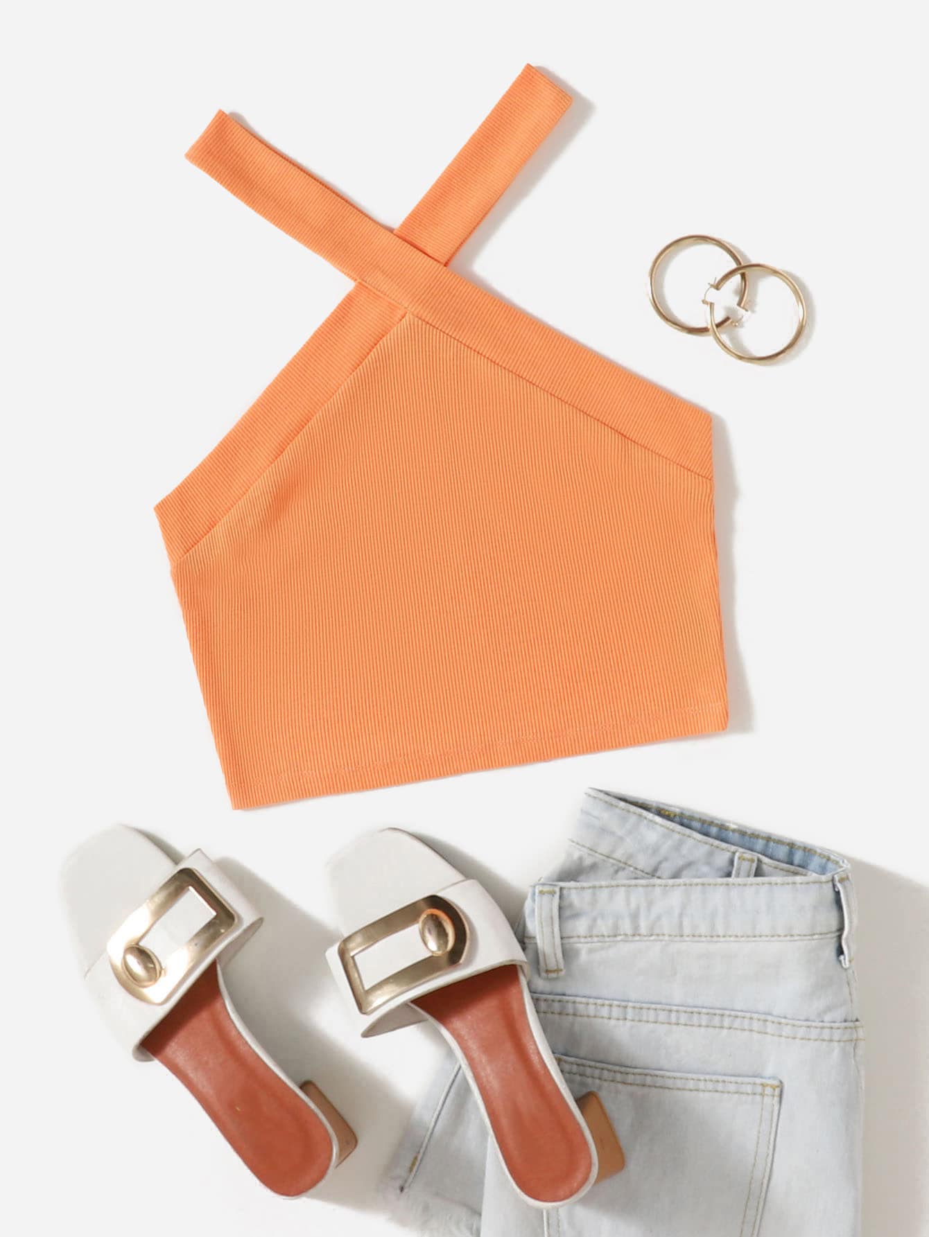 SHEIN EZwear Rib Knit Halter Crop Top