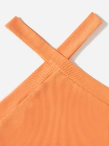 SHEIN EZwear Rib Knit Halter Crop Top - Coral Orange - View 4