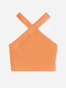 SHEIN EZwear Rib Knit Halter Crop Top - Coral Orange - View 7
