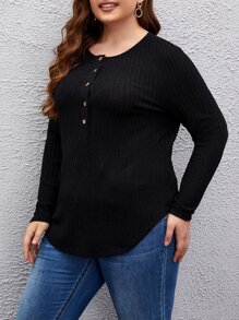 SHEIN LUNE Camiseta con botón bajo curvo - Negro - Ver 4