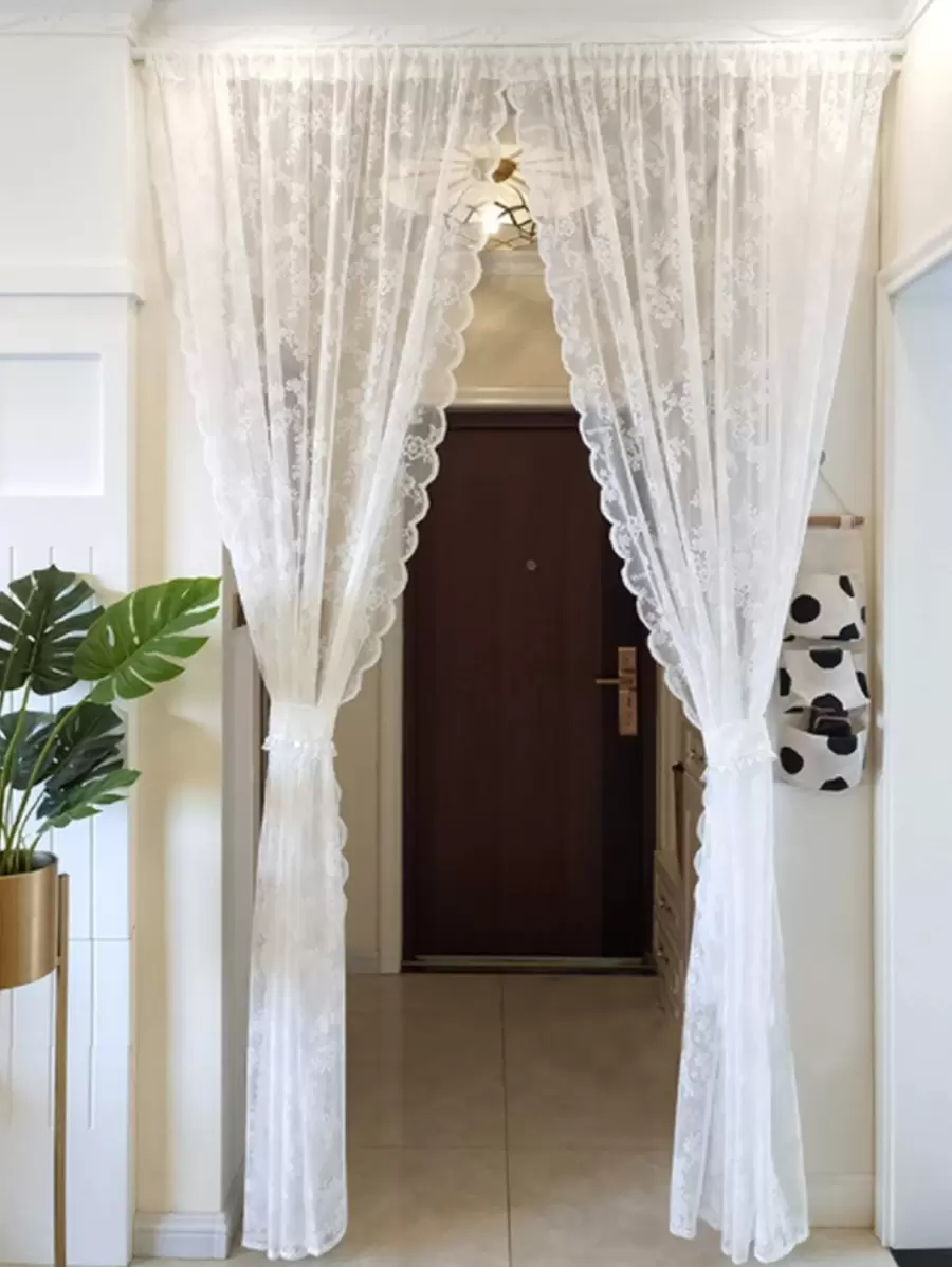 1入組小玫瑰設計竿口袋薄透窗戶窗簾製成法語滌綸纖維,適用於客廳,臥室,凸窗 - 白色 - 查看 1