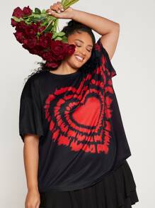 SHEIN CURVE+ Camiseta de hombros caídos con estampado de corazón - Negro - Ver 1