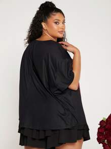 SHEIN CURVE+ Camiseta de hombros caídos con estampado de corazón - Negro - Ver 2