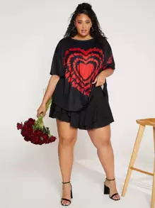 SHEIN CURVE+ Camiseta de hombros caídos con estampado de corazón - Negro - Ver 3