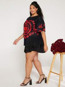 SHEIN CURVE+ Camiseta de hombros caídos con estampado de corazón - Negro - Ver 4