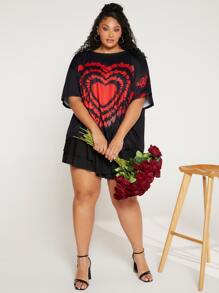 SHEIN CURVE+ Camiseta de hombros caídos con estampado de corazón - Negro - Ver 5