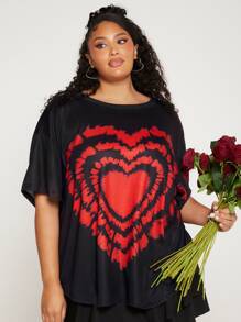 SHEIN CURVE+ Camiseta de hombros caídos con estampado de corazón - Negro - Ver 6