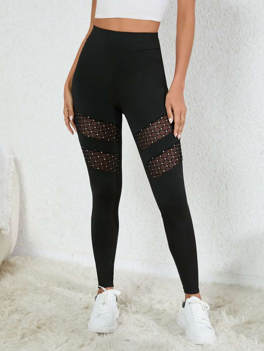 SHEIN Essnce Mesh Insert Leggings - Black - View 1