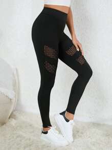 SHEIN Essnce Mesh Insert Leggings - Black - View 5