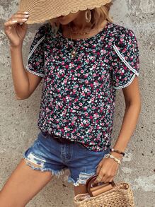 SHEIN LUNE 小碎花花瓣袖襯衫