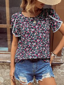 SHEIN LUNE 小碎花花瓣袖襯衫