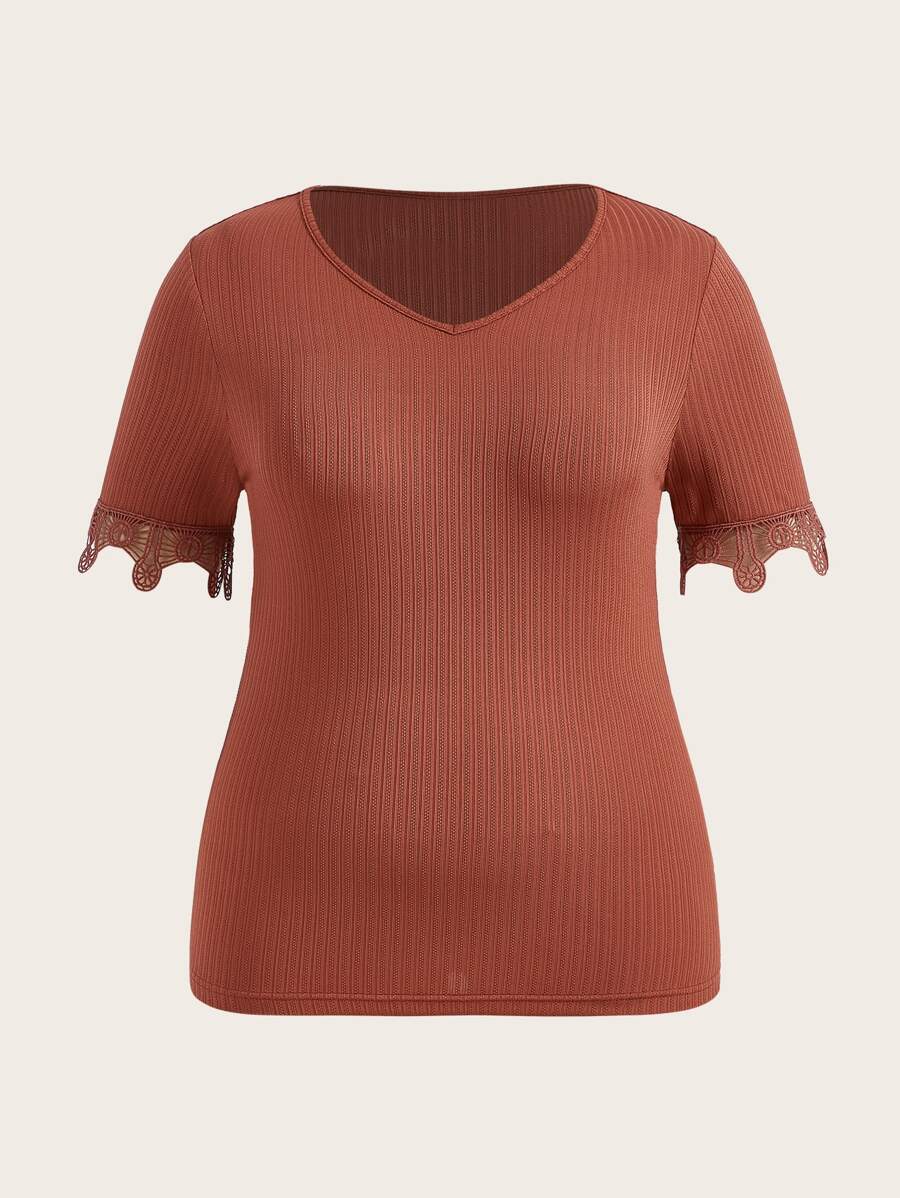 SHEIN LUNE Plus Contrast Lace Tee - Rust Brown - View 1