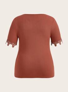 SHEIN LUNE Plus Contrast Lace Tee - Rust Brown - View 2