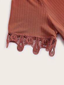 SHEIN LUNE Plus Contrast Lace Tee - Rust Brown - View 3