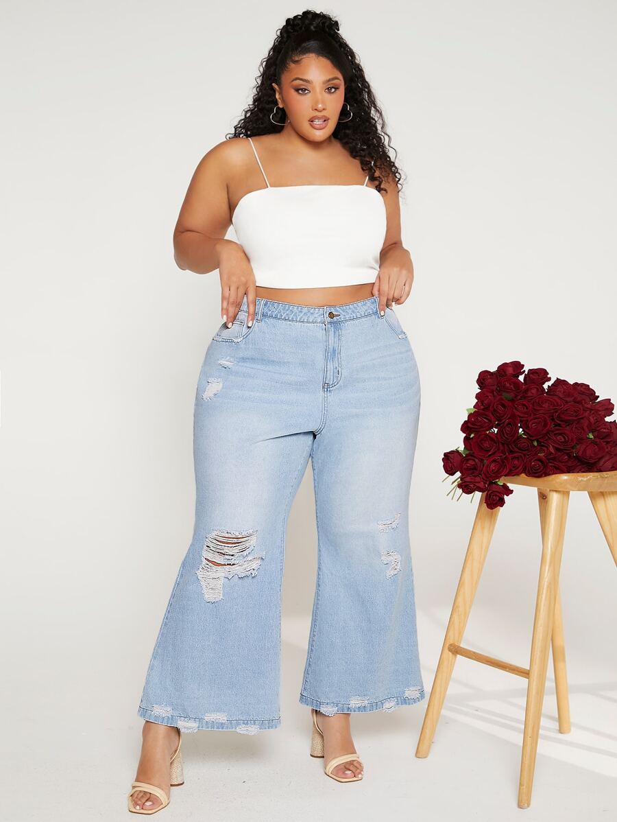 SHEIN CURVE+ Plus Washed Ripped Flare Leg Jeans - Light Wash - View 1