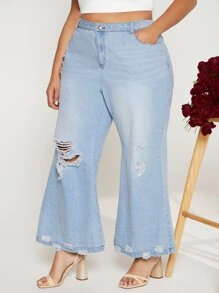 SHEIN CURVE+ Plus Washed Ripped Flare Leg Jeans - Light Wash - View 5