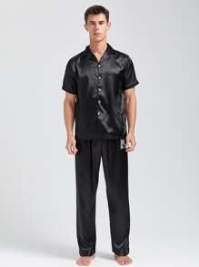 Men Letter Graphic Drawstring Waist Sleep Trousers - Black - View 4