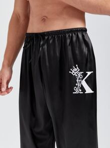 Men Letter Graphic Drawstring Waist Sleep Trousers - Black - View 5