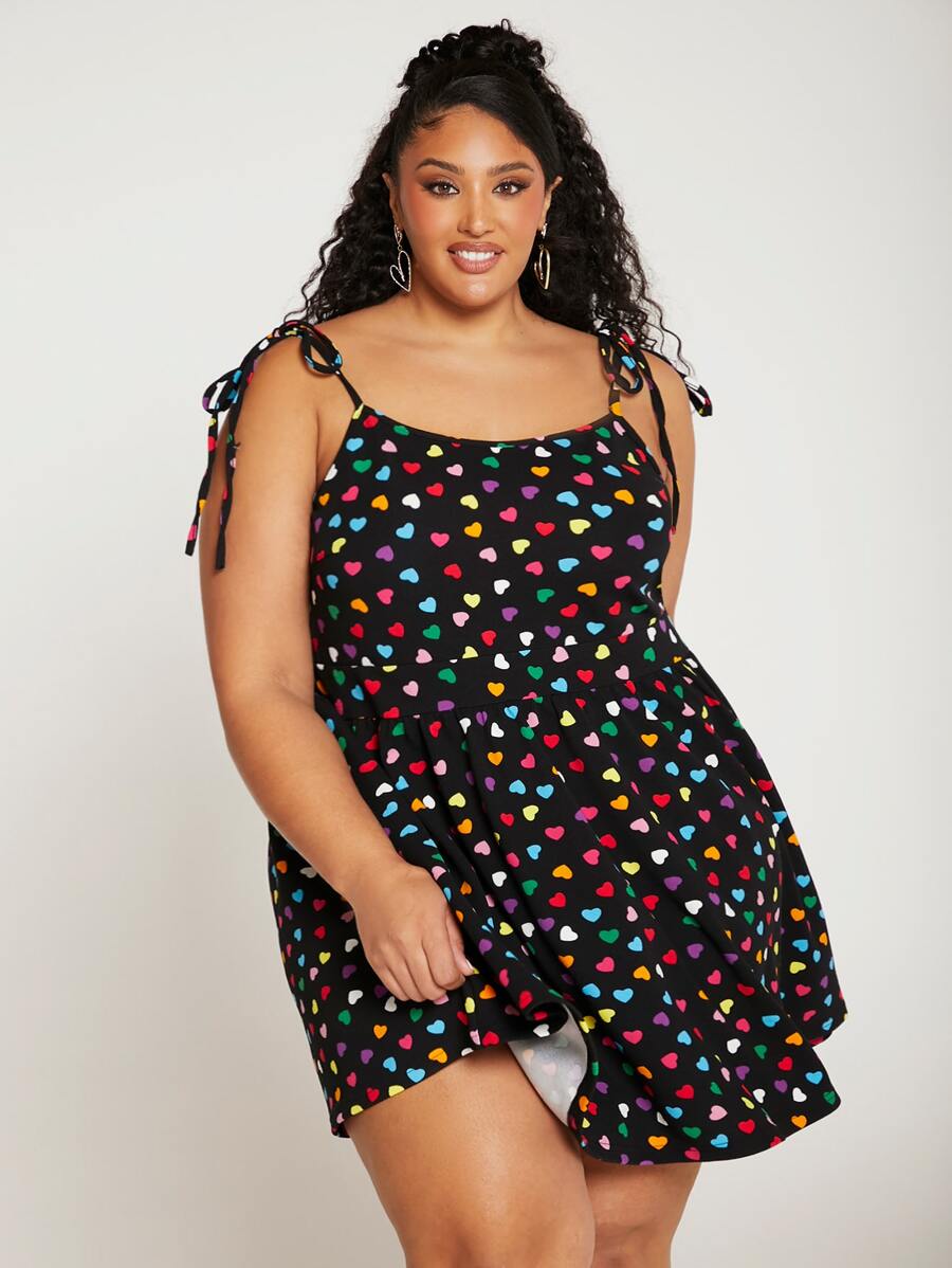 SHEIN CURVE+ 大碼愛心圖案肩上打結吊帶連衣裙 - 彩色 - 查看 1