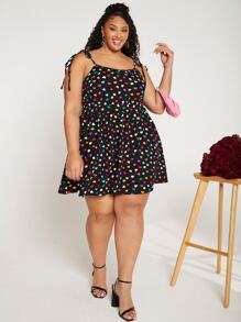 SHEIN CURVE+ 大碼愛心圖案肩上打結吊帶連衣裙 - 彩色 - 查看 3