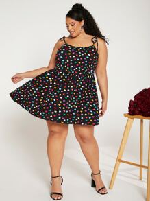 SHEIN CURVE+ 大碼愛心圖案肩上打結吊帶連衣裙 - 彩色 - 查看 4