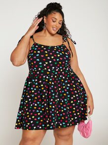 SHEIN CURVE+ 大碼愛心圖案肩上打結吊帶連衣裙 - 彩色 - 查看 5
