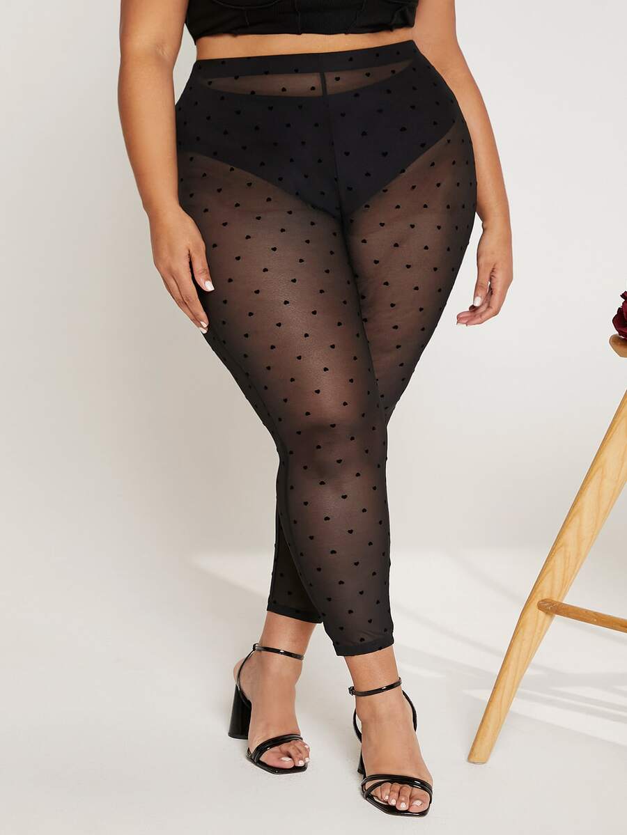 SHEIN CURVE+ Plus Heart Print Mesh Leggings Without Panty - Black - View 1