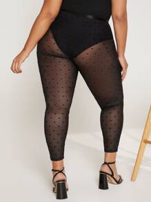 SHEIN CURVE+ Plus Heart Print Mesh Leggings Without Panty - Black - View 2