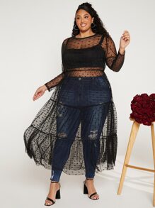 SHEIN CURVE+ Plus Floral Mesh Dress Without Cami Top - Black - View 6
