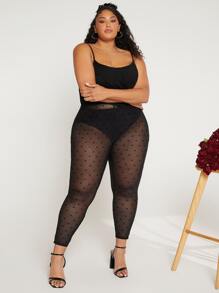 SHEIN CURVE+ Plus Heart Print Mesh Leggings Without Panty - Black - View 3
