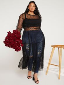 SHEIN CURVE+ Plus Floral Mesh Dress Without Cami Top - Black - View 7
