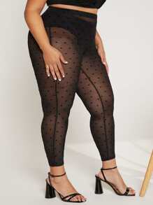 SHEIN CURVE+ Plus Heart Print Mesh Leggings Without Panty - Black - View 5