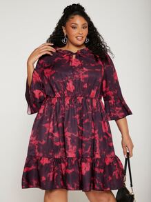 SHEIN CURVE+ Plus Tie Dye Flounce Sleeve Ruffle Hem Dress - Multicolor - View 2