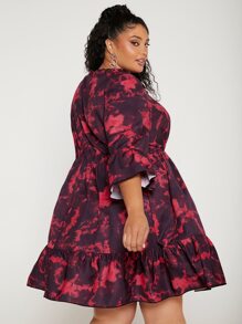SHEIN CURVE+ Plus Tie Dye Flounce Sleeve Ruffle Hem Dress - Multicolor - View 3