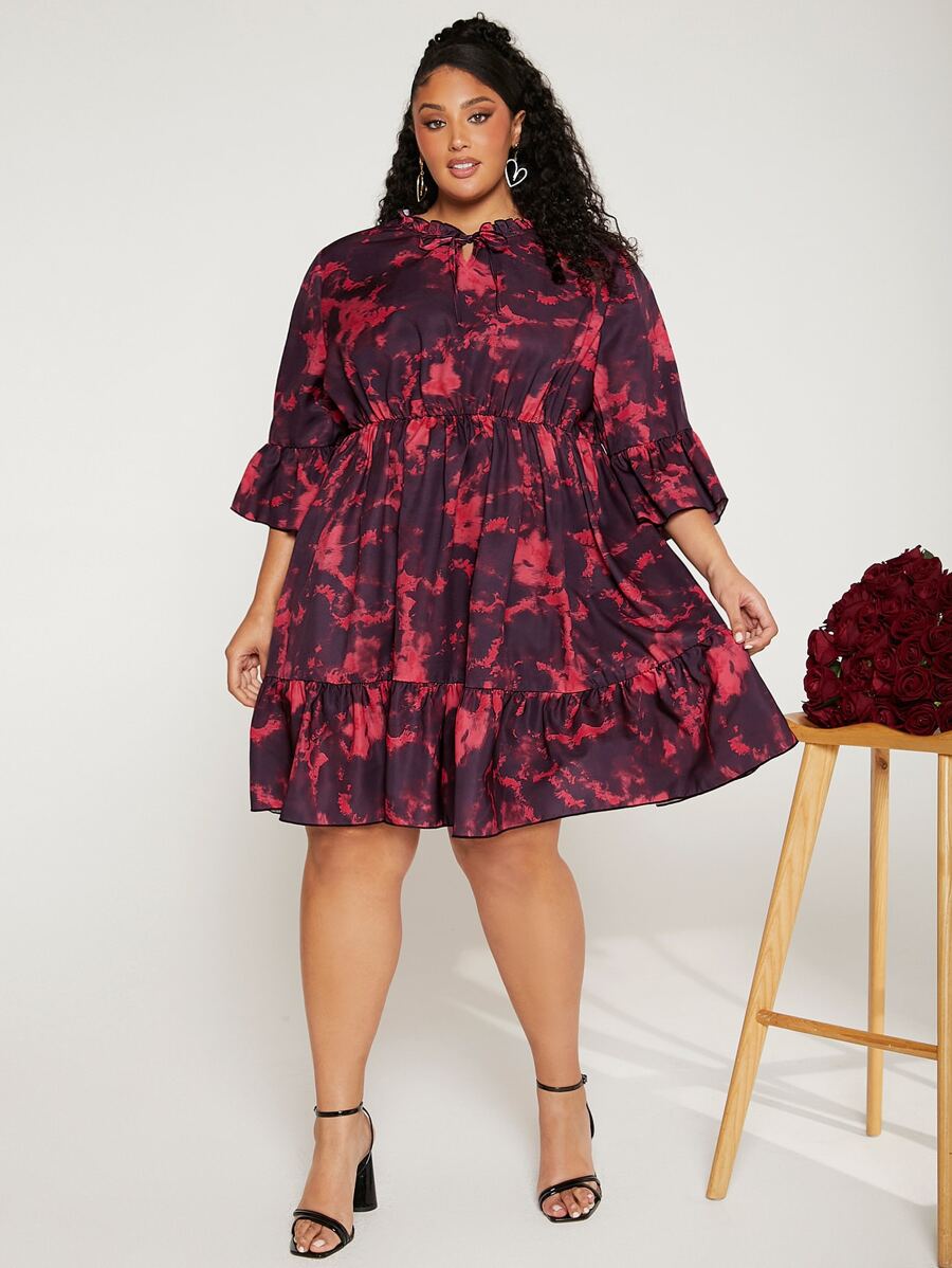 SHEIN CURVE+ Plus Tie Dye Flounce Sleeve Ruffle Hem Dress - Multicolor - View 1