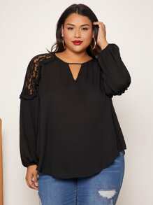 SHEIN CURVE+ Plus Keyhole Neck Lace Insert Lantern Sleeve Blouse - Black - View 3