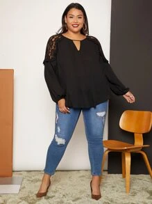 SHEIN CURVE+ Plus Keyhole Neck Lace Insert Lantern Sleeve Blouse - Black - View 4