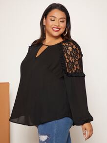 SHEIN CURVE+ Plus Keyhole Neck Lace Insert Lantern Sleeve Blouse - Black - View 5