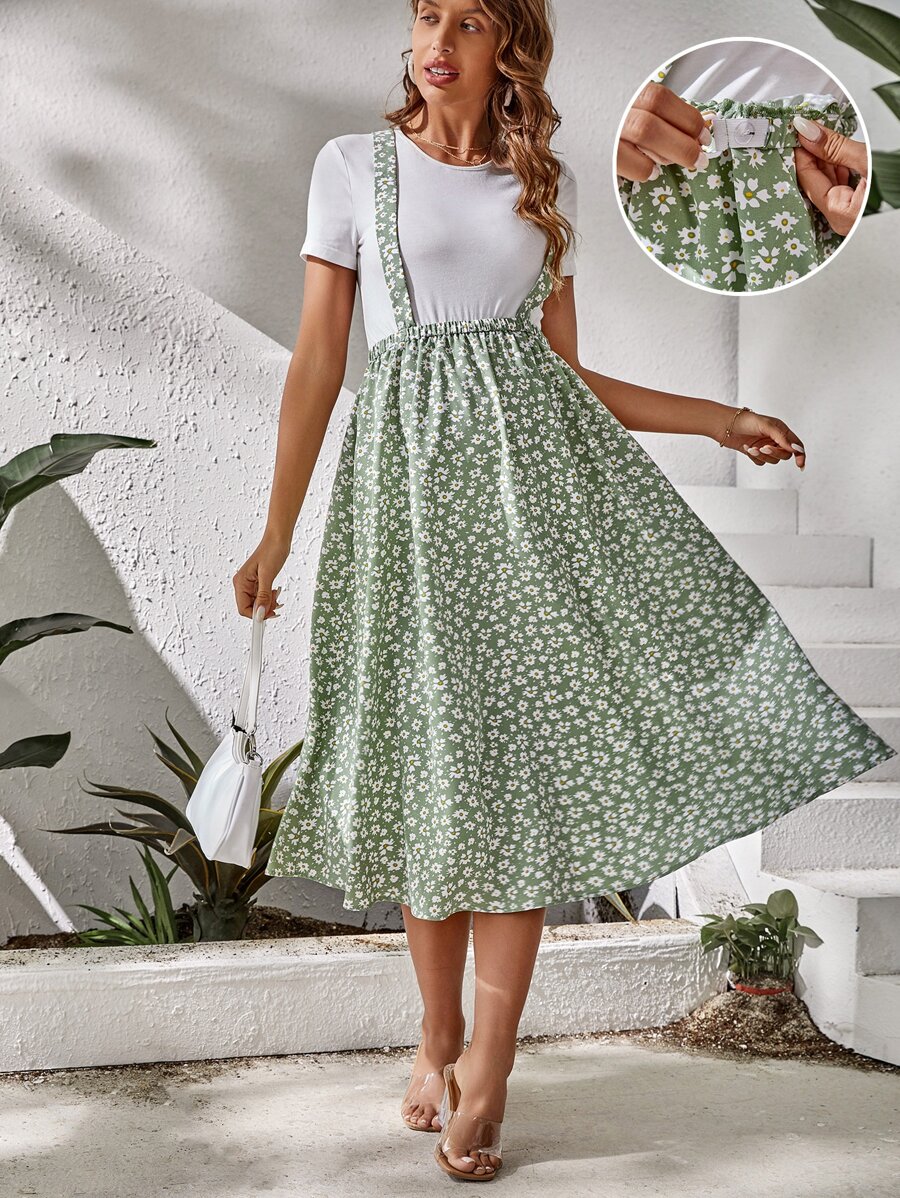 SHEIN 孕婦小碎花可調節腰圍背帶半身裙不帶上衣