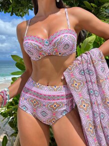 SHEIN Swim Allover Print Push Up Bikini Set With Beach Skirt,Summer Beach - Multicolor - View 3