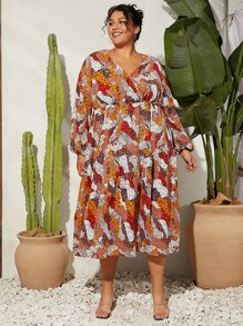 SHEIN CURVE+ Plus Allover Print Lantern Sleeve Ruffle Hem Dress - Multicolor - View 6